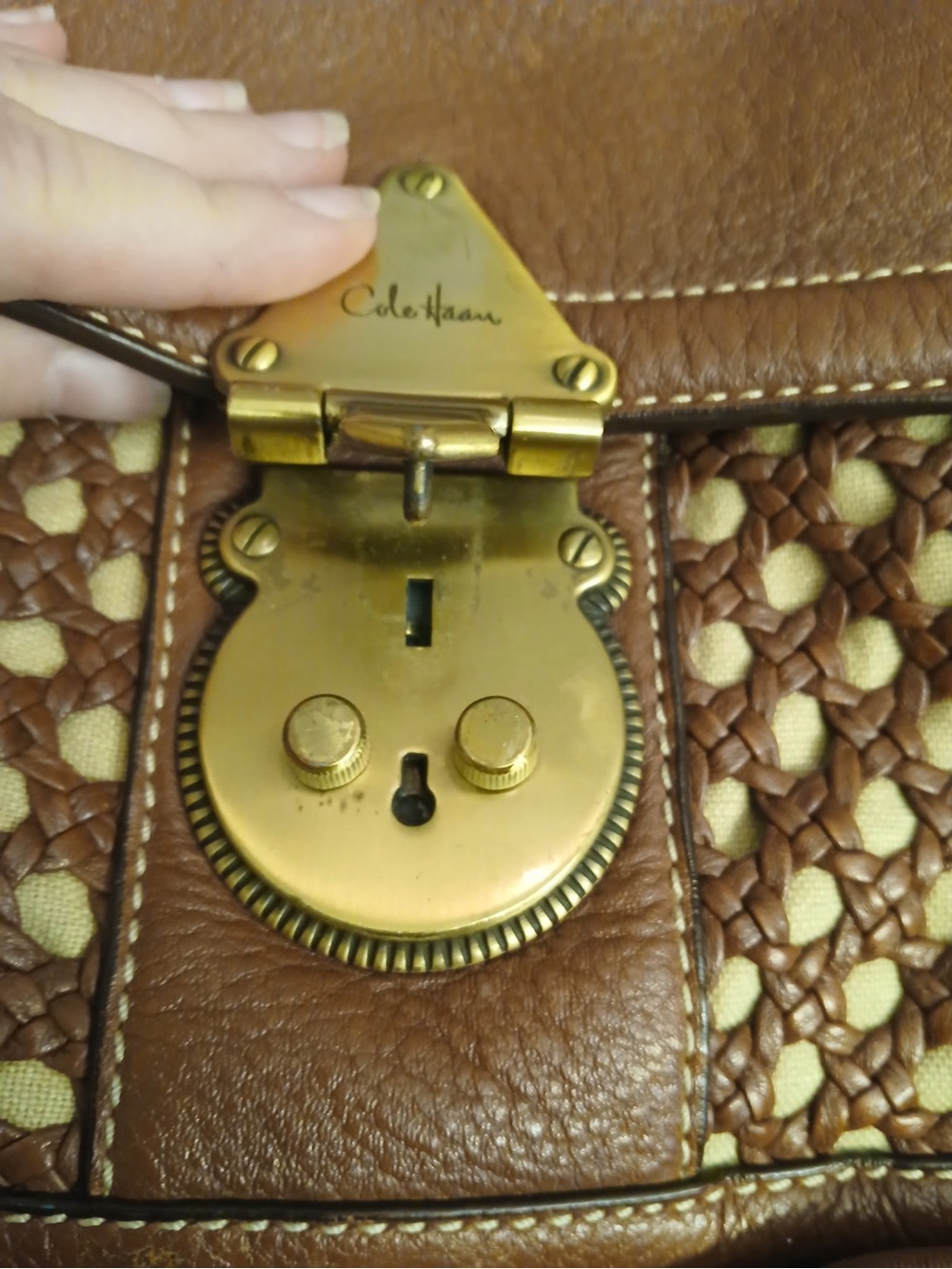 Cole Haan Tan Woven Leather Shoulder Bag with Gold Lock - Picture 5 of 16